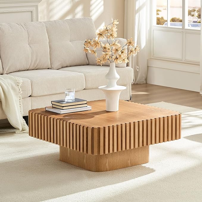 Square Wood Coffee Table for Living Room Modern Drum Wooden Fluted Handcraft Center Tea Cocktail Small Space, Easy Assembly 31.5" W x13.77 H Oka