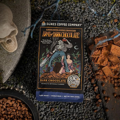 Bones Coffee Company Army of the Dark Chocolate Flavored Coffee, Medium Roast Low Acid Arabica Beans Compatible with Auto drip and French Press Coffee Maker, 12 Oz Whole Bean