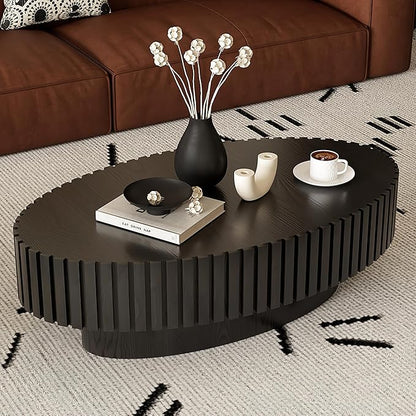 43.31" Oval Drum Coffee Table, Modern Handcraft Fluted Drum Center Table, Wooden Oval Coffee Table Center Table with Sturdy Pedestal for Living Room Apartment (Black)