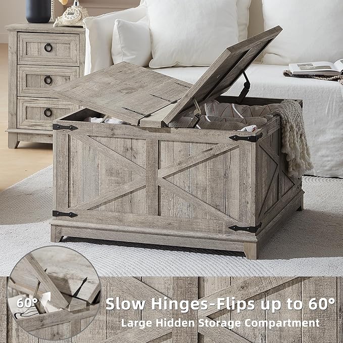 Farmhouse Coffee Table with Hidden Storage Organizer, Modern Square Large Center Table, Wood Farm House Low Rustic Light Oak Living Room Tables with Hinged Lift Top for Home, Office