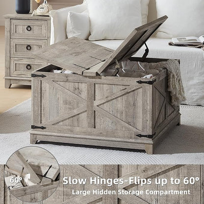 Farmhouse Coffee Table with Hidden Storage Organizer, Modern Square Large Center Table, Wood Farm House Low Rustic Light Oak Living Room Tables with Hinged Lift Top for Home, Office