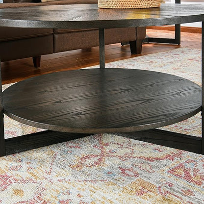 PADMA HOUSE 33.5" Round Wood Coffee Table, 2-Tier Solid Wood Rounded Circle Accent Coffee Table Center Cocktail Table Vintage Furniture for Home Living Room Bedroom,Black Brown 3338BK