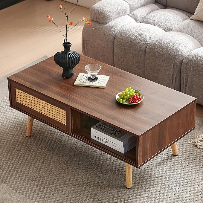 Mid Century Modern Coffee Table with Storage, 41.3 Inch Rectangle Wooden Accent Center Tables with Sliding PE Rattan, Woven Door Panel and Solid Wood Legs, Suitable for Living Room, Apartment