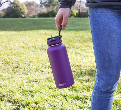 MIRA 32 oz Insulated Water Bottle - Stainless Steel Sports Flask with 2 Lids (Straw & Handle) - Cold Drink Thermo - Iris