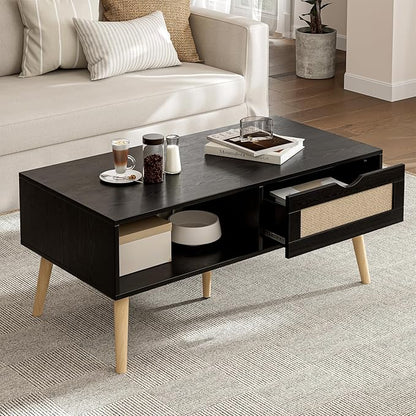 Wood Coffee Table with Storage, Boho Dining Table with Sliding Rattan Door Panel and Solid Wood Legs, Small Coffee Tables for Living Room, Black