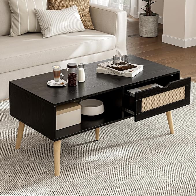 Wood Coffee Table with Storage, Boho Dining Table with Sliding Rattan Door Panel and Solid Wood Legs, Small Coffee Tables for Living Room, Black