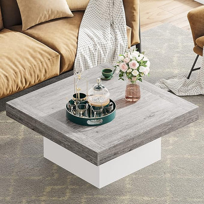 Tribesigns Coffee Table Square LED Center Table Engineered Wood Low Coffee Tables for Living Room (Grey+White)
