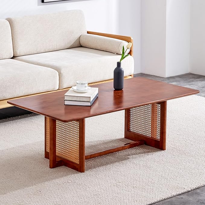 Mid Century Modern Wood Coffee Table with PE Rattan Stand, 47 Inch Rectangular Solid Wood Boho Coffe Table, Unique Center Cocktail Table for Livinig Room Apartment Office