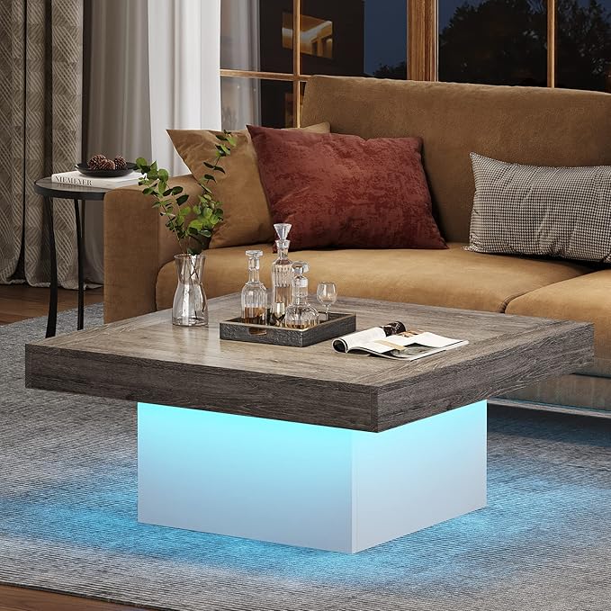 Tribesigns Coffee Table Square LED Center Table Engineered Wood Low Coffee Tables for Living Room (Grey+White)