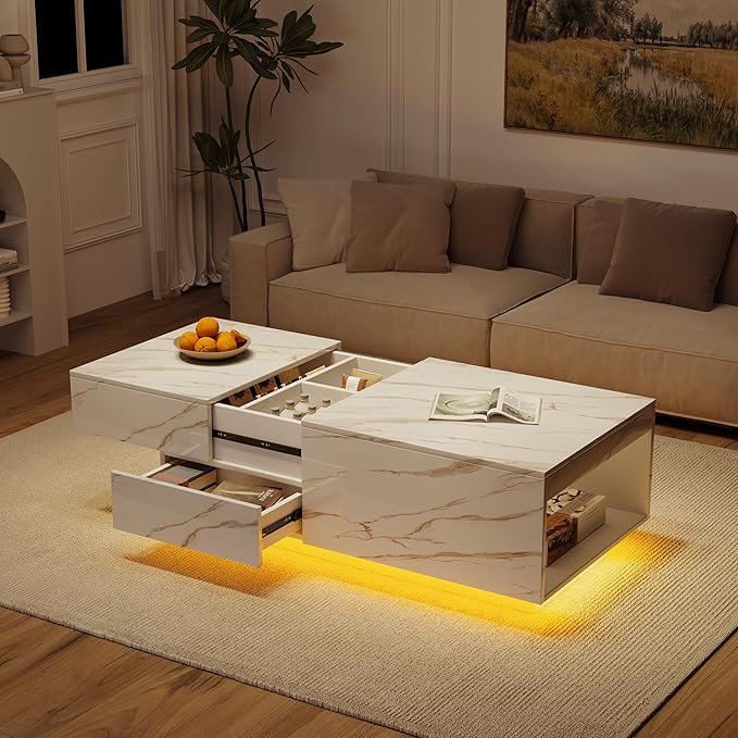 LED Coffee Table, 43" UV High Gloss Modern Center Table with 2 Drawers & Hidden Storage Compartment & Open Compartments, Extendable Modern Cocktail for Living Room,Home (Marble White)