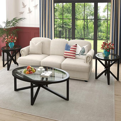 End Table Living Room Sofa Side Table Modern Simple Round Transparent Tempered Glass Top and Wood Base, Office Terrace Study Accent End Table, Black Brown