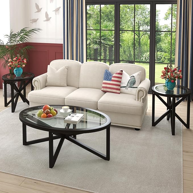 End Table Living Room Sofa Side Table Modern Simple Round Transparent Tempered Glass Top and Wood Base, Office Terrace Study Accent End Table, Black Brown