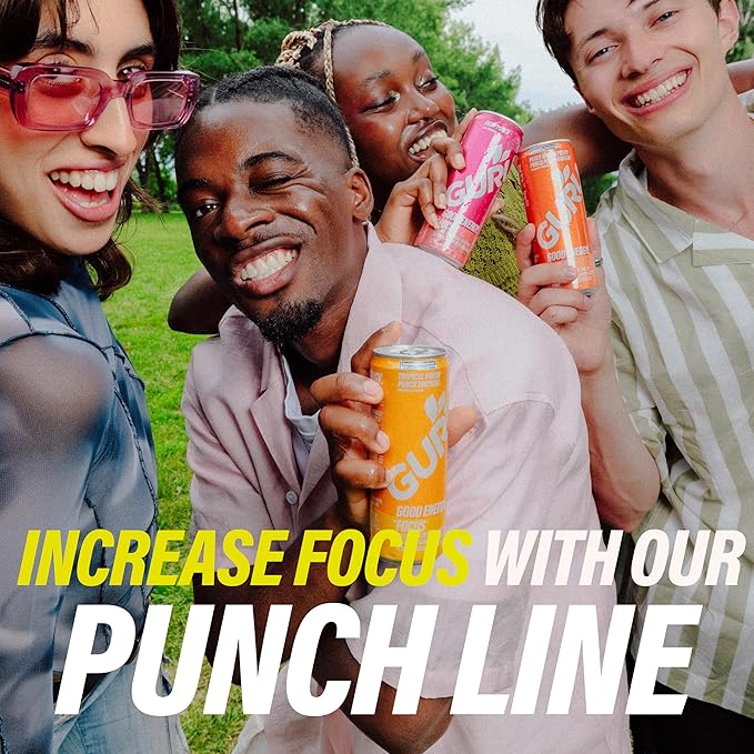 GURU Fruit Punch Organic Energy Drinks, Clean Energy Drink with Plant Based Natural Caffeine from Green Tea + Focus with L Theanine, Gluten Free and Vegan, 140MG Caffeine, 12oz (Pack of 12)