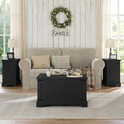 Furnideco Farmhouse Lift Top Coffee Table, Square Wood Center Table with Large Hidden Storage Compartment for Living Room, Rustic Cocktail Table with Hinged Lift Top for Home, Black
