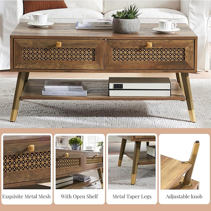 Mid Century Modern Coffee Table with Storage Drawers & Open Shelf, Solid Wooden Boho Rectangle Table with Metal Legs Designed for Living Room, Office, Lounge. Rustic Oak Color with Golden Decor