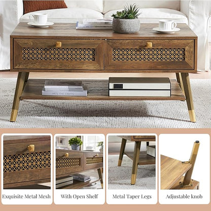 Mid Century Modern Coffee Table with Storage Drawers & Open Shelf, Solid Wooden Boho Rectangle Table with Metal Legs Designed for Living Room, Office, Lounge. Rustic Oak Color with Golden Decor