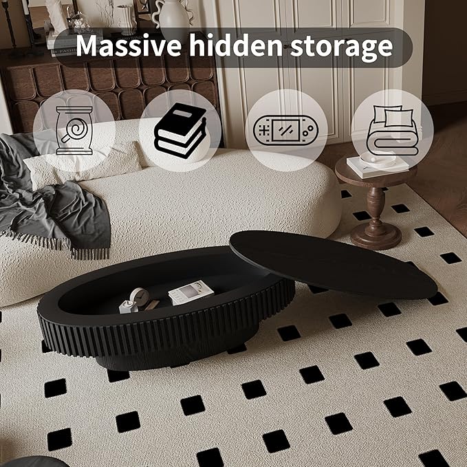 47 Inch Oval Drum Coffee Table with Storage, Handcraft Fluted Drum Coffee Table, Modern Wooden Oval Cocktail Tea Table Center Table with Sturdy Pedestal for Living Room Apartment (Black)
