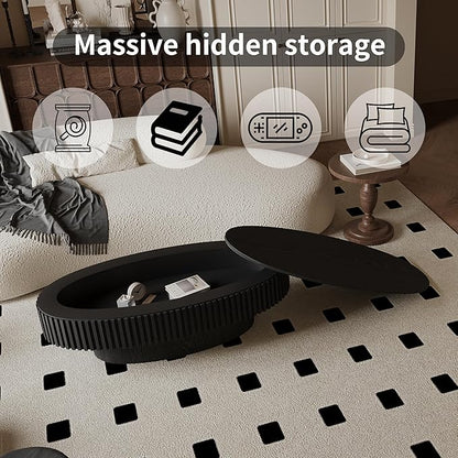 47 Inch Oval Drum Coffee Table with Storage, Handcraft Fluted Drum Coffee Table, Modern Wooden Oval Cocktail Tea Table Center Table with Sturdy Pedestal for Living Room Apartment (Black)