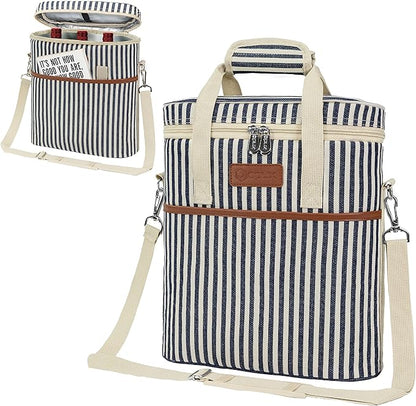 OPUX 3 Bottle Wine Carrier Tote, Insulated Leakproof Wine Cooler Bag, Wine Travel Bag Tote for Picnic BYOB Beach, Portable Wine Bottle Carrying Case, Gift for Wine Lover Women Men Christmas, Stripe