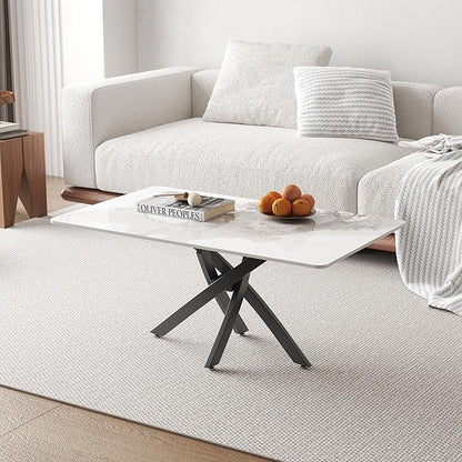 White Marble Coffee Table with Metal Legs, Rectangle Modern Sintered Stone Living Room Table for Home Office Living Room (40” x 20” x 17”)
