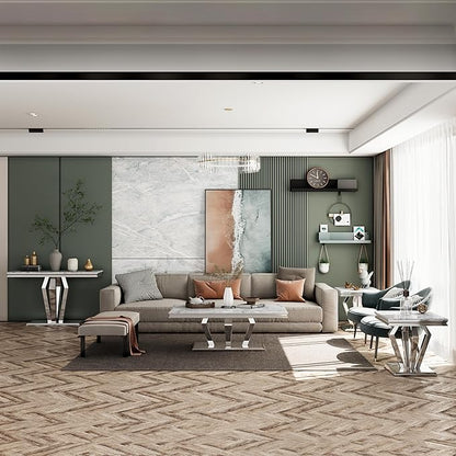 4-Piece Coffee Table Set, Gray and Silver Living Room Tables with 4 Geometric Bases, 1 Coffee Table + 2 End Table + 1 Console Table for Home Office