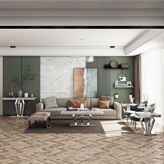 4-Piece Coffee Table Set, Gray and Silver Living Room Tables with 4 Geometric Bases, 1 Coffee Table + 2 End Table + 1 Console Table for Home Office