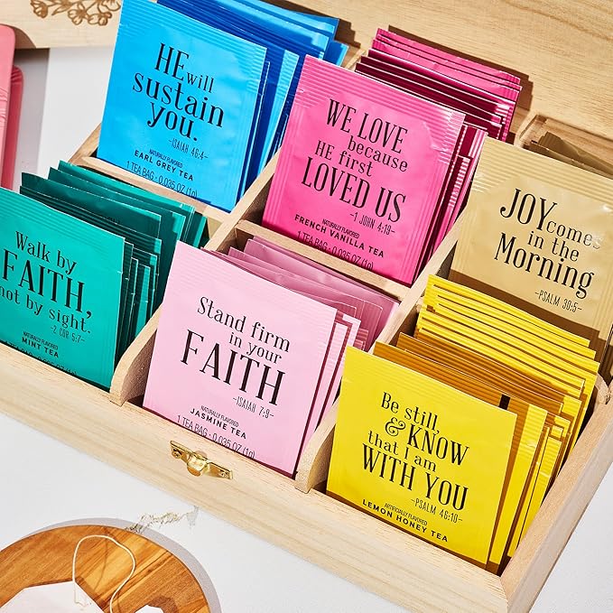 Thoughtfully Gourmet, Christian Prayer Tea Gift Set with Bible Verses, Includes 90 Teas in 6 Flavors in Premium Wooden Box, Religious Gifts for Women, Mom, Sister, Friend