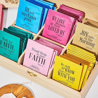 Thoughtfully Gourmet, Christian Prayer Tea Gift Set with Bible Verses, Includes 90 Teas in 6 Flavors in Premium Wooden Box, Religious Gifts for Women, Mom, Sister, Friend