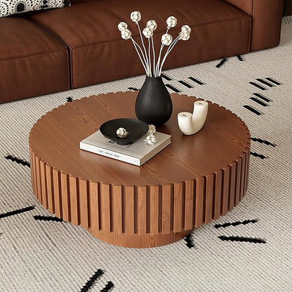 31.5" Round Drum Coffee Table, Modern Handcraft Fluted Drum Center Table, Wooden Round Coffee Table Center Table with Sturdy Pedestal for Living Room Apartment (Natural Wood)