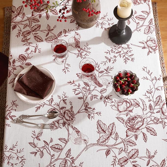 Designer Vintage Linen Rectangular Tablecloth,Red Floral Pattern Linen Stain Resistant Table Cloth,Decor Tablecloths for Dining Thanksgiving Kitchen Tea Party,55"*87"-Harmony