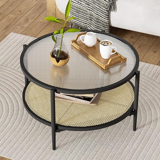 29.5" Round Coffee Table, Black Rattan & Glass 2-Tier Modern Boho Side Table for Living Room, Mid Century Accent Table with Lower Shelf 29.5" D x 16.5" H