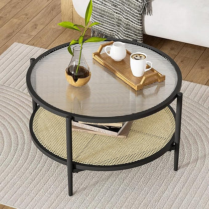 29.5" Round Coffee Table, Black Rattan & Glass 2-Tier Modern Boho Side Table for Living Room, Mid Century Accent Table with Lower Shelf 29.5" D x 16.5" H