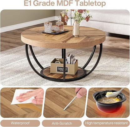 Tribesigns 31.7" Round Industrial Coffee Table with 2-Tier Storage Shelves, Modern Wood & Black Metal Accent Center Table for Living Room, Home Office – Easy Assembly