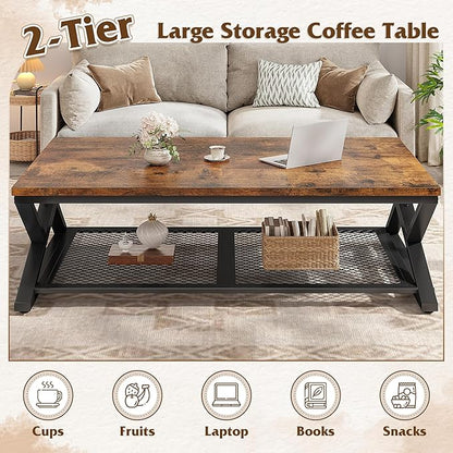 EnHomee Coffee Table with Storage, Modern Coffee Tables for Living Room with Mesh Shelf, 2 Tier Rectangular Center Table for Living Room, Bedroom, 47.2 Inch, Rustic Brown