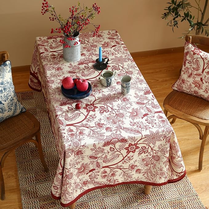 Designer French Linen Extra Long Rectangle Tablecloth,Red Floral Washable Indoor Table Cloth,Durable Home Decor Tablecloths for Dining Thanksgiving Kitchen Party,67"*118"-Ruyi A