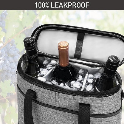 opux 3 Bottle Wine Carrier Tote, Insulated Leakproof Wine Cooler Bag, Wine Travel Bag Tote for Picnic BYOB Beach, Portable Wine Bottle Carrying Case, Gift for Wine Lover Women Men Christmas, Grey