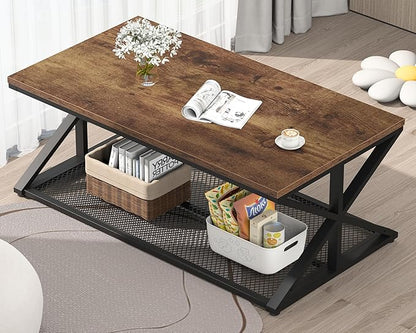 IBF Rustic Brown Coffee Table with Storage, Farmhouse Wood Metal Rectangle Living Room Table, Industrial Middle Center Table with Mesh Shelf, Rustic Brown,47 in