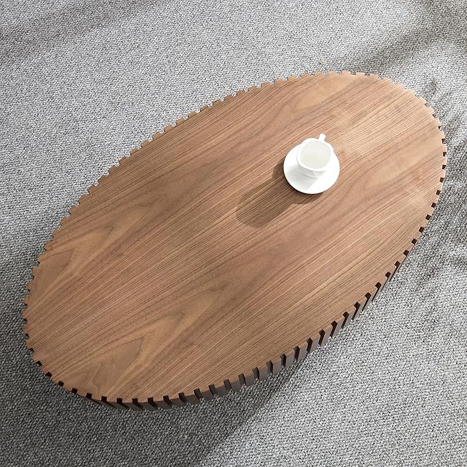 43.7 Inch Oval Drum Coffee Table, Modern Handcraft Fluted Drum Coffee Table, Wooden Round Coffee Table Center Table with Sturdy Pedestal for Living Room Apartment (Walnut)