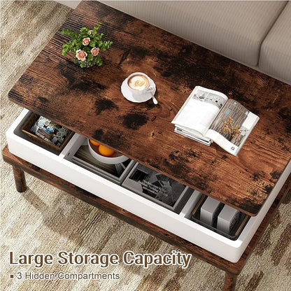 Shintenchi Coffee Table, Lift Top Coffee Table with Hidden Compartment, Rising Tabletop Dining Table, Lift Top Coffee Center Table for for Living Room, Office, Home (Rustic Brown)