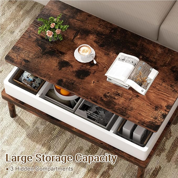 Shintenchi Coffee Table, Lift Top Coffee Table with Hidden Compartment, Rising Tabletop Dining Table, Lift Top Coffee Center Table for for Living Room, Office, Home (Rustic Brown)