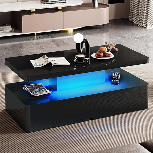 Spurgehom Contemporary Coffee Tables for Living Room, LED Coffee Table with Rounded Corner in 16 Colors, High Gloss 2 Tiers Table with Hidden Power Supply