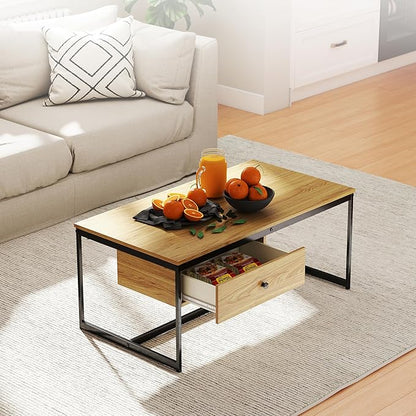 Manora Minimalist Coffee Table with Drawer, Modern Industrial Aesthetic Center Table for Living Room, Stylish Wood Modern Coffee Table with Storage, Light Brown