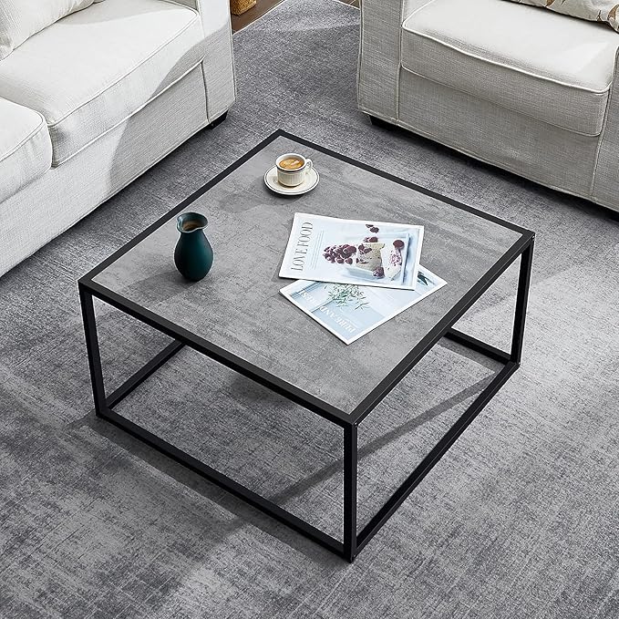 SAYGOER Small Coffee Table Square Modern Coffee Tables for Small Space Low Center Table for Living Room Office, Wood Top with Metal Frames, Easy Assembly, Gray Wood