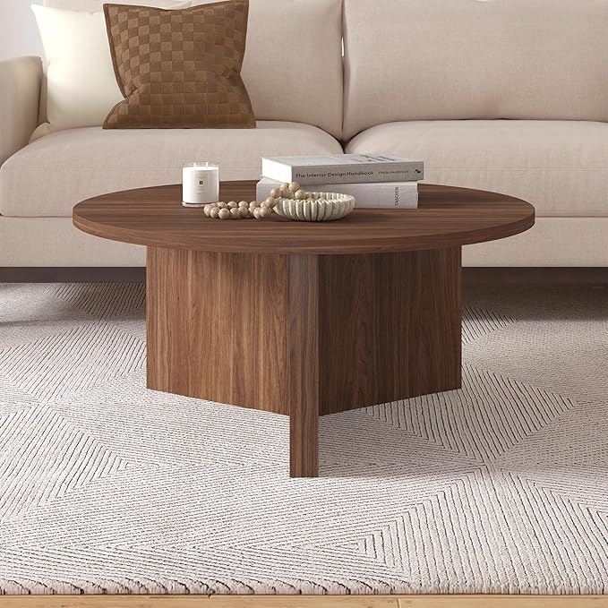 Henn&Hart 36" Round Wood Pedestal Coffee Table for Living Room, Family Room, Office, or Apartment, Satin Walnut