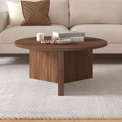 Henn&Hart 36" Round Wood Pedestal Coffee Table for Living Room, Family Room, Office, or Apartment, Satin Walnut