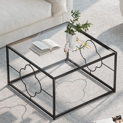 Black Coffee Table Modern Center Table,Glass Square Minimalist Coffee Table Tea Table for Living Room,Tempered Glass-top with Sturdy Metal Frame, Easy Assembly,26.4 x 26.4 x 15.7 Inches