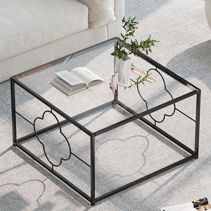 Black Coffee Table Modern Center Table,Glass Square Minimalist Coffee Table Tea Table for Living Room,Tempered Glass-top with Sturdy Metal Frame, Easy Assembly,26.4 x 26.4 x 15.7 Inches