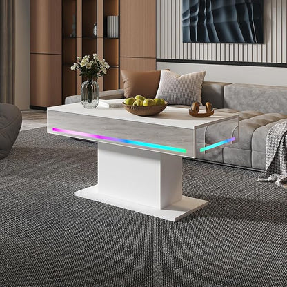 Led Coffee Table for Living Room, Living Room Table Rectangular Center Table, Modern Wooden Coffee Tables with 16 Colors LED Lights for Dining Reception Room
