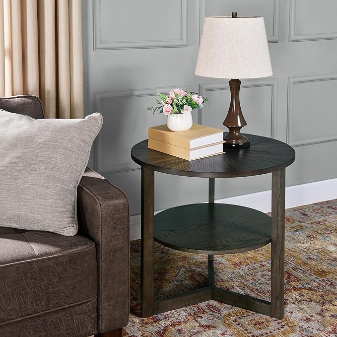 PADMA HOUSE 25" Round Wood End Table, 2-Tier Solid Wood Rounded Accent Side Table Circle Nightstand Table with Storage Shelf Vintage Furniture for Home Living Room Bedroom,Black Brown 3338BK