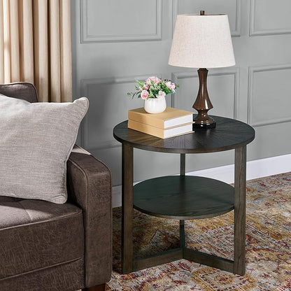 PADMA HOUSE 25" Round Wood End Table, 2-Tier Solid Wood Rounded Accent Side Table Circle Nightstand Table with Storage Shelf Vintage Furniture for Home Living Room Bedroom,Black Brown 3338BK